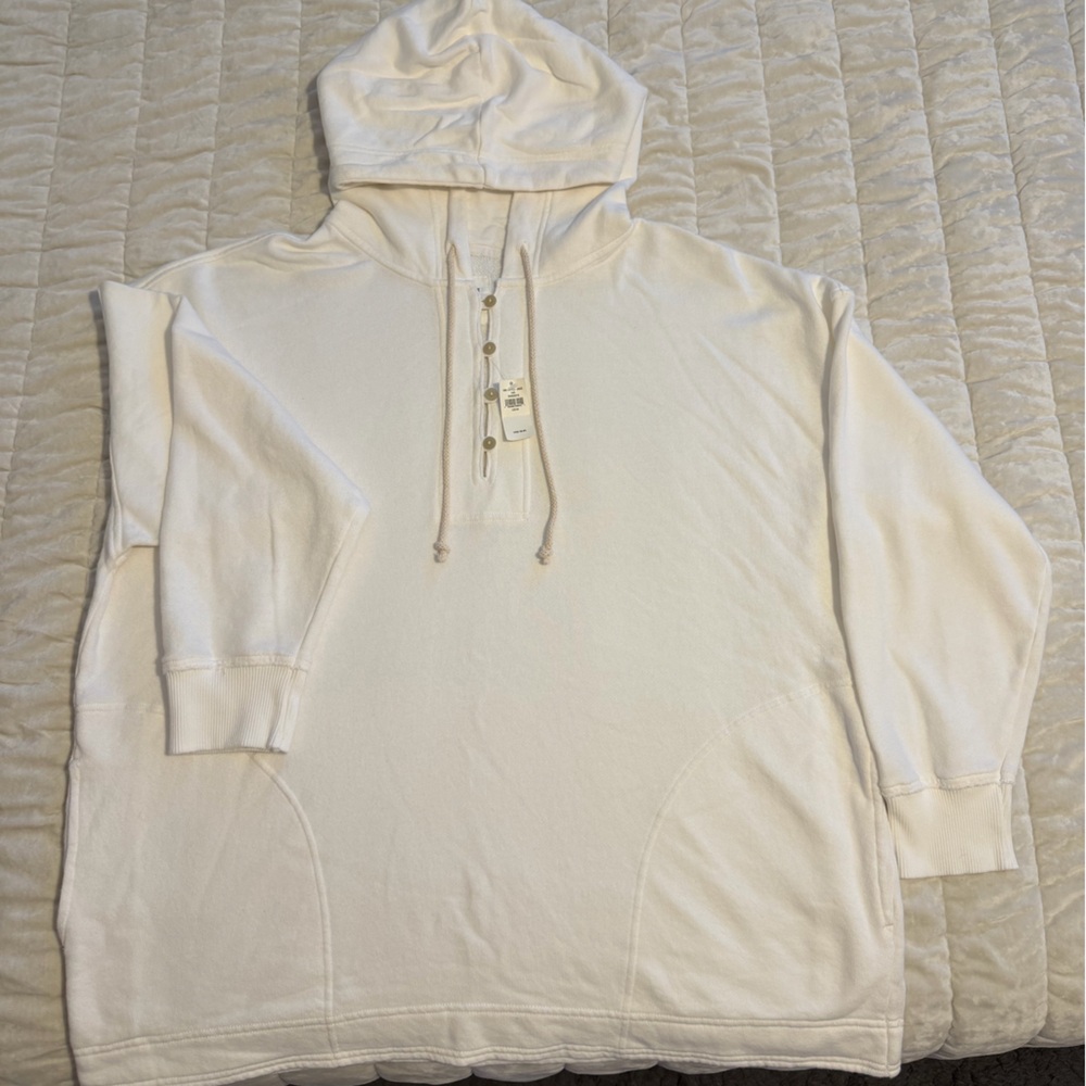 Cream Aerie Hoodie Pullover with Button Placket